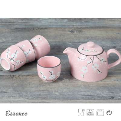 Pink flower printed stoneware japanese tea cup set