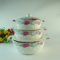 embossed ceramic soup pot  set with printing flower design